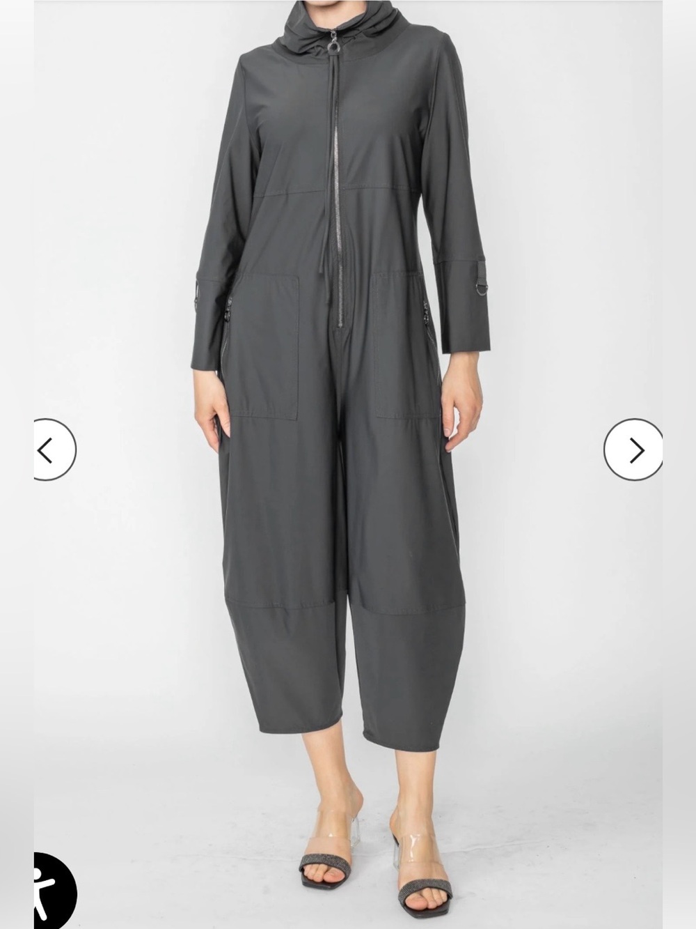 IC by Connie K Charcoal Zip Front Cowl Neck Jumpsuit XL Lagenlook Barrel Leg